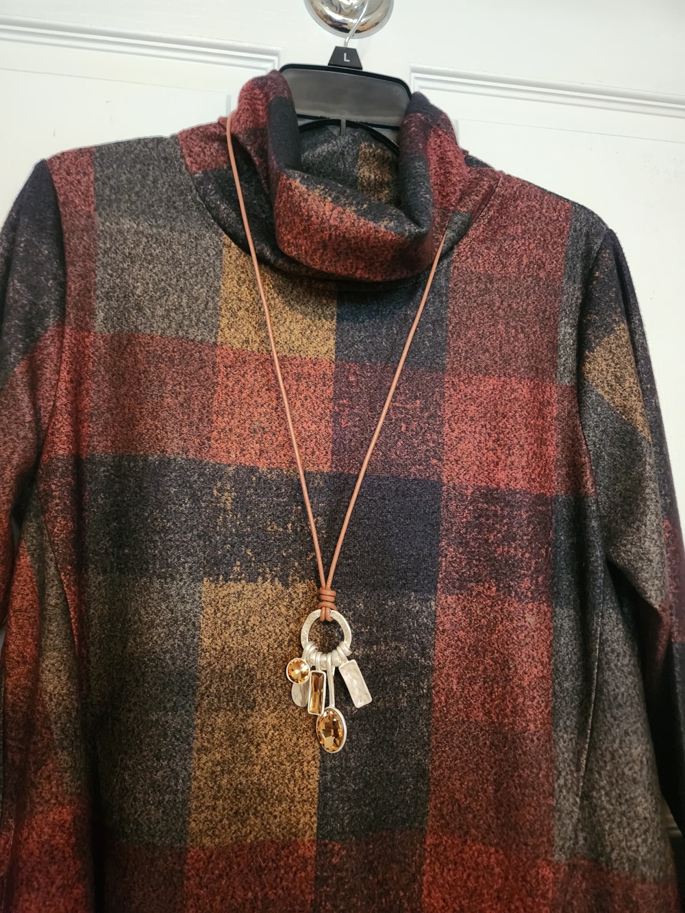 Plaid Turtleneck Tunic in Rust, Navy & Mustard